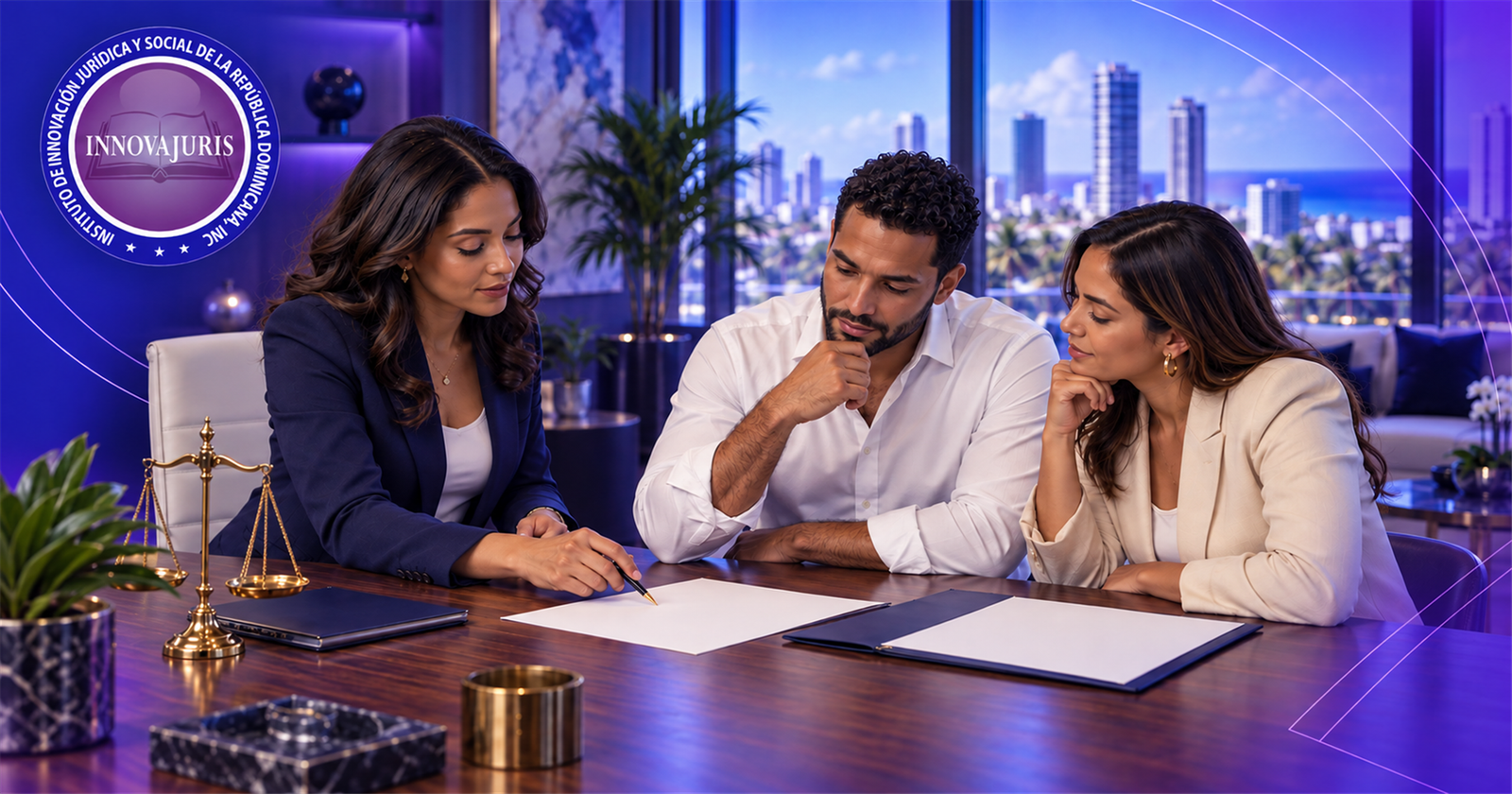 Curso-taller: Creación de SRL en la República Dominicana 2 Tres profesionales revisando documentos para constituir una sociedad de responsabilidad limitada en la República Dominicana